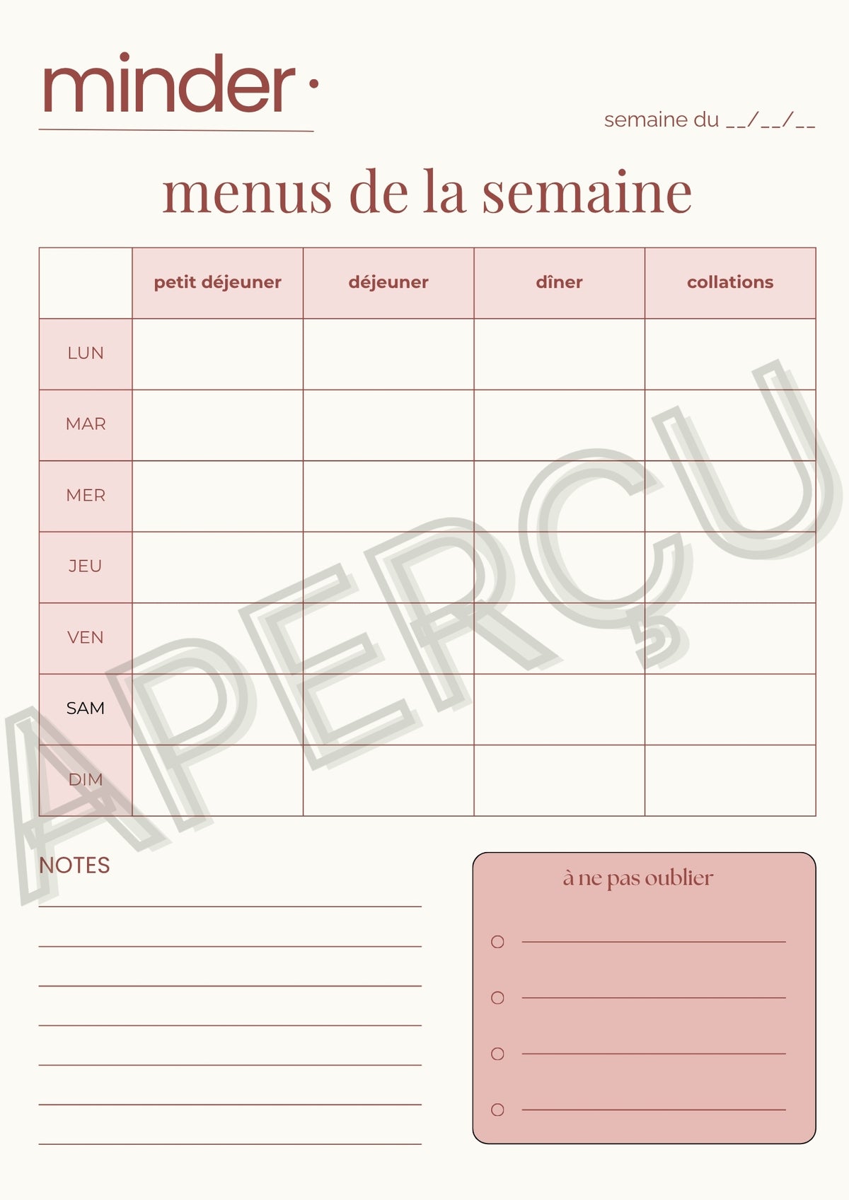 Menus de la semaine - Template | Minder