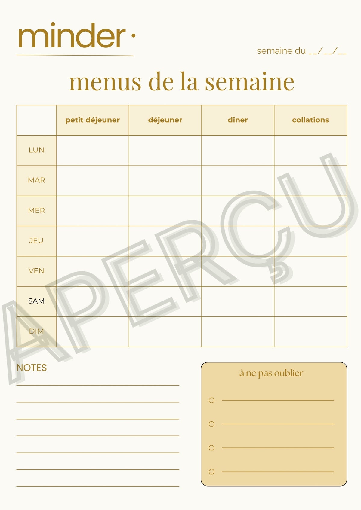 Menus de la semaine - Template | Minder