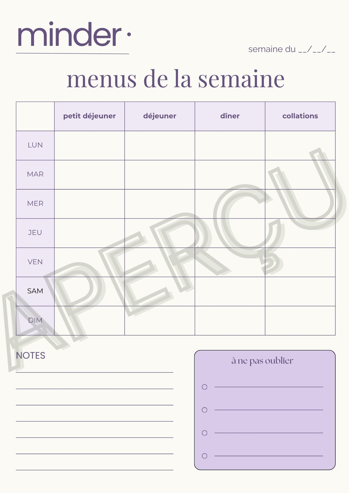 Menus de la semaine - Template | Minder