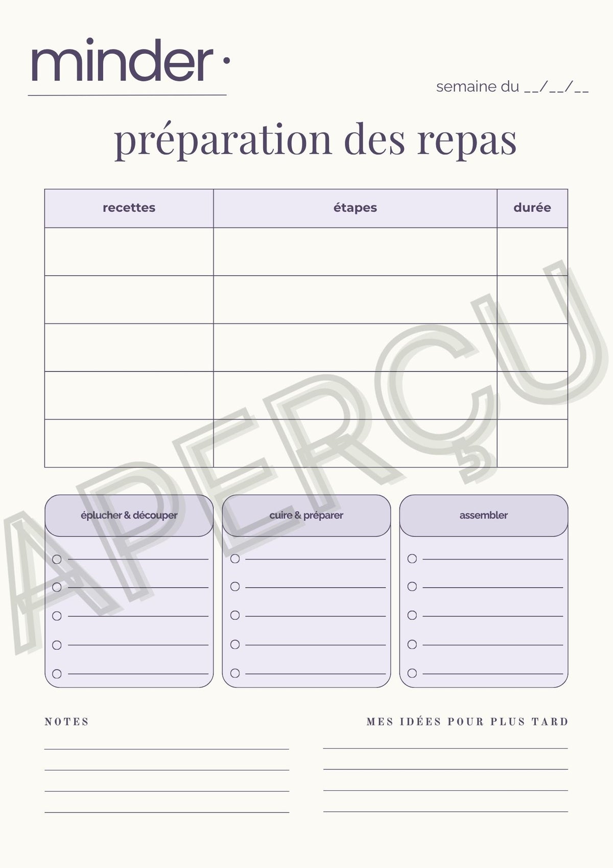 Préparation des repas - Template | Minder