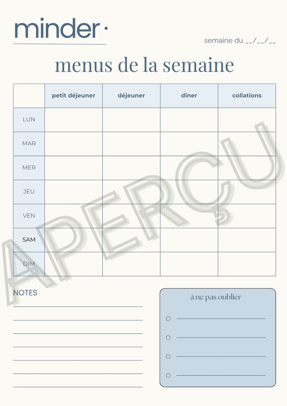 Menus de la semaine - Template | Minder