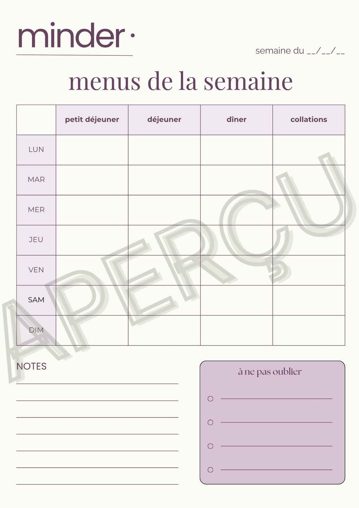Menus de la semaine - Template | Minder