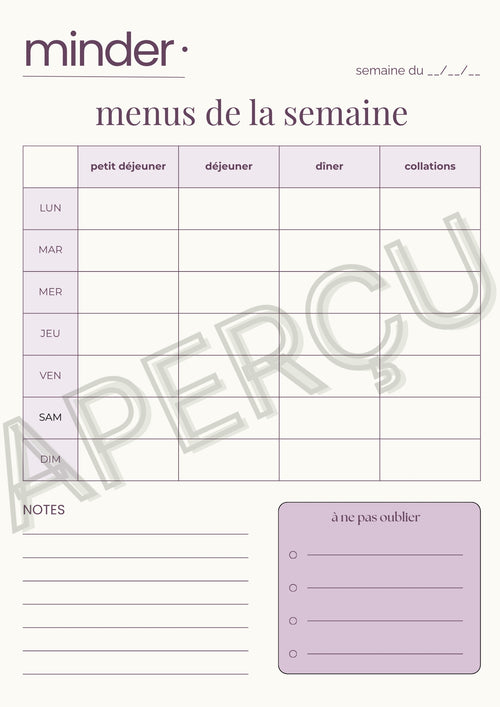 Menus de la semaine - Template | Minder