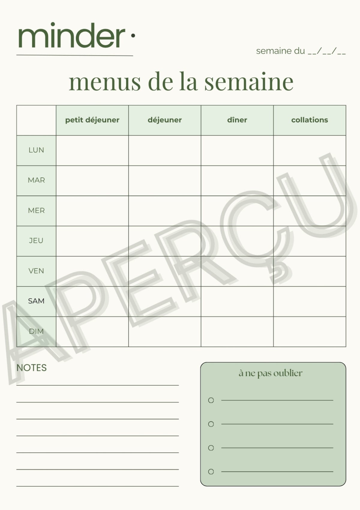 Menus de la semaine - Template | Minder