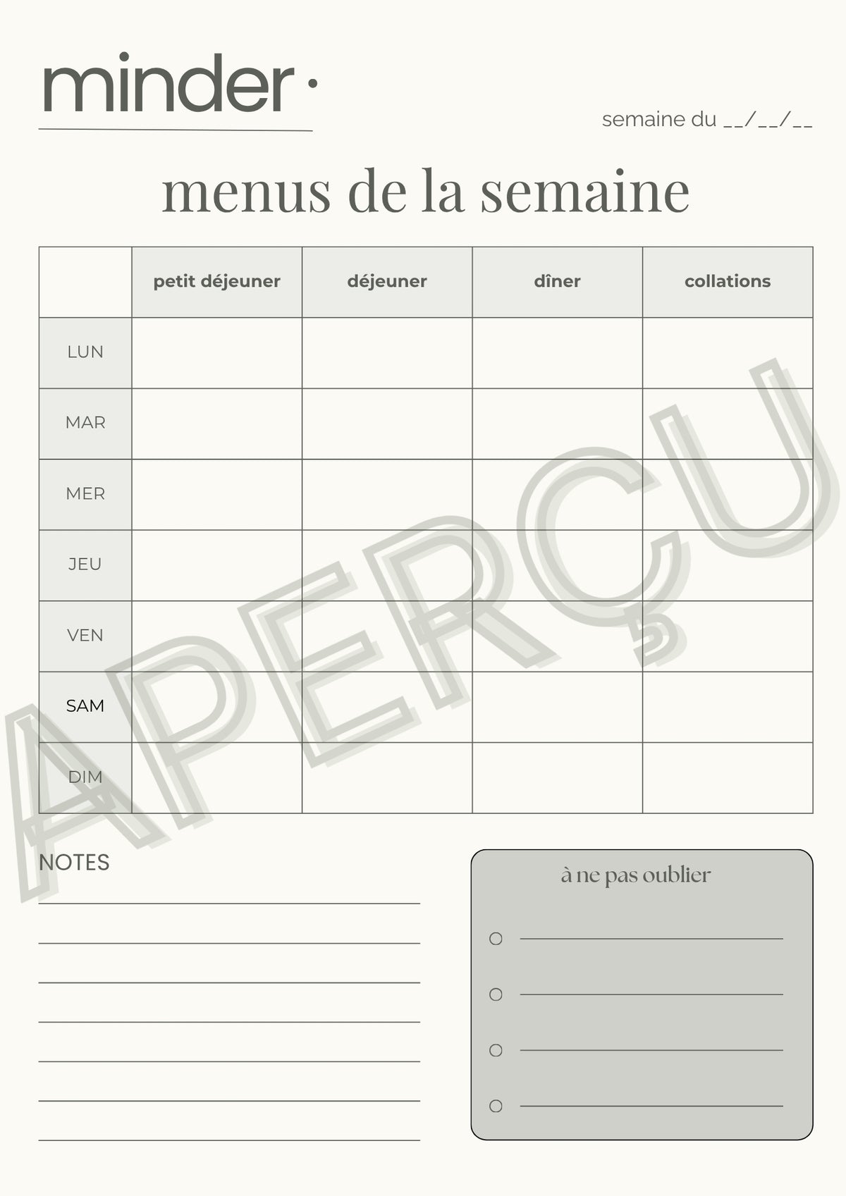 Menus de la semaine - Template | Minder