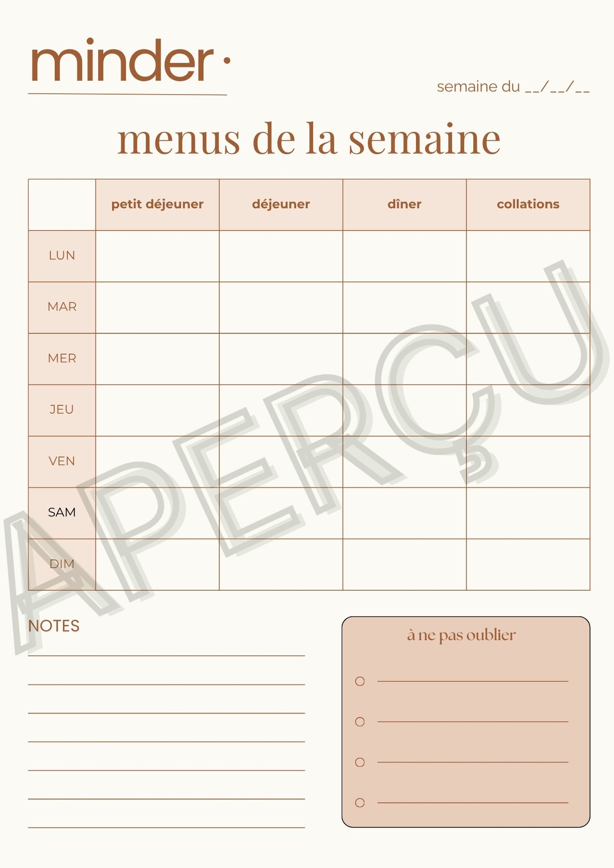 Menus de la semaine - Template | Minder